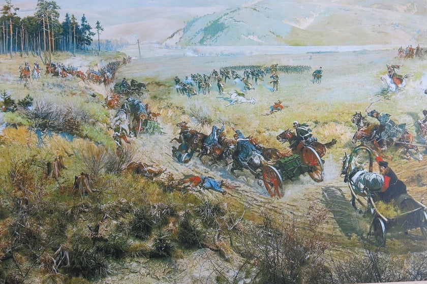 Fragment Panoramy Racławickiej &ndash; zablokowany (przez oddział huzar&oacute;w woroneskich) trakt, kt&oacute;rym w popłochu uciekają żołnierze.