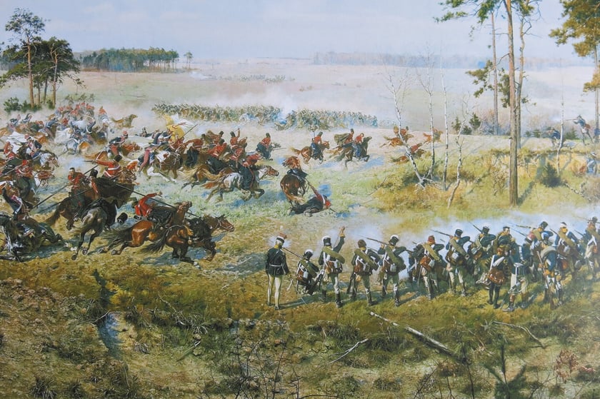 Fragment Panoramy Racławickiej &ndash; pluton strzelc&oacute;w z 2 Regimentu Pieszego w dwuszeregu wspiera powstańczą kawalerię.&nbsp;