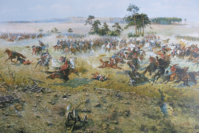 Fragment Panoramy Racławickiej &ndash; na lewym skrzydle walka kawalerii i jazdy rosyjskiej. W białym płaszczu major Ignacy Zborowski.&nbsp;