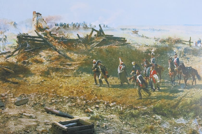 Fragment Panoramy Racławickiej &ndash; polscy kawalerzyści eskortują grupę jeńc&oacute;w rosyjskich.