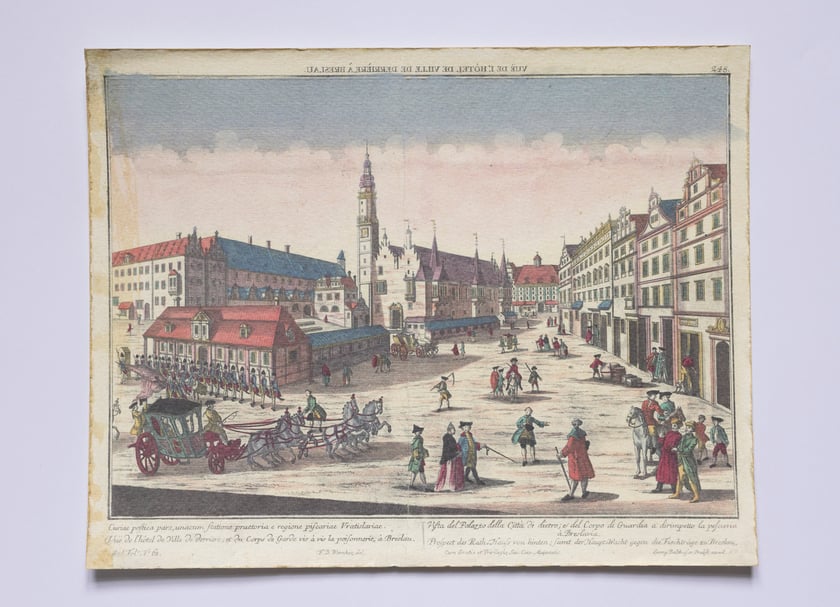 Rysunek Friedricha Bernharda Wernera &ndash; widok ratusza od zachodu wraz z wartownią i Targiem Rybnym oraz wschodnią częścią pl. południowego Rynku, ok. 1780