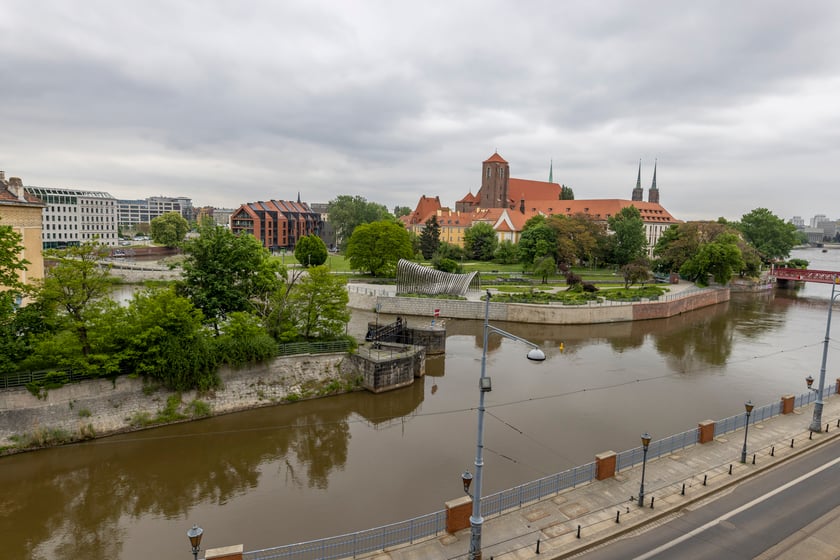 Widok z tarasu Ossolineum na Wrocław, m.in. na Tamkę i Wyspę Daliową