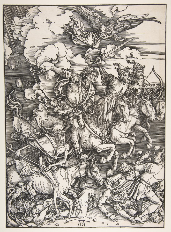 Powiększ obraz: <p>Albrecht D&uuml;rer &bdquo;Czterej Jeźdźcy&rdquo; z serii &bdquo;Apokalipsa&rdquo;, drzeworyt, 1498, 38,7 x 27,9 cm; w kolekcji The Met, Nowy Jork</p>
<p class="MsoNormal">&nbsp;</p>
<p>&nbsp;</p>