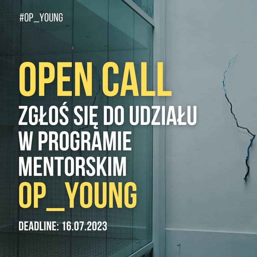 Powiększ obraz: <p>Grafika informacyjna z napisem: Open call, zgłoś się do udziału w programie mentorskim OP_YOUNG, deadline: 16.07.2023</p>
