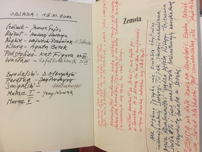Odręczne notatki Andrzeja Wajdy dot. obsady &bdquo;Zemsty&rdquo;. Wystawa &bdquo;Żołnierz napoleoński, ojciec komedii polskiej&rdquo; &mdash; Fredro w Ossolineum