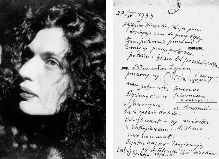 Jadwiga Witkiewiczowa fotografowana przez Witkacego, po prawej skan jednego z listów Witkacego do żony