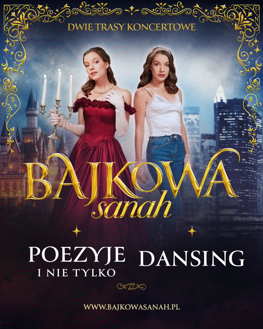 <p>sanah - w sukni balowej na zdjeciu po lewej, w wersji sportowej - jeansach i koszulce - po prawej. Na plakacie m.in. napis Bajkowa sanah</p>