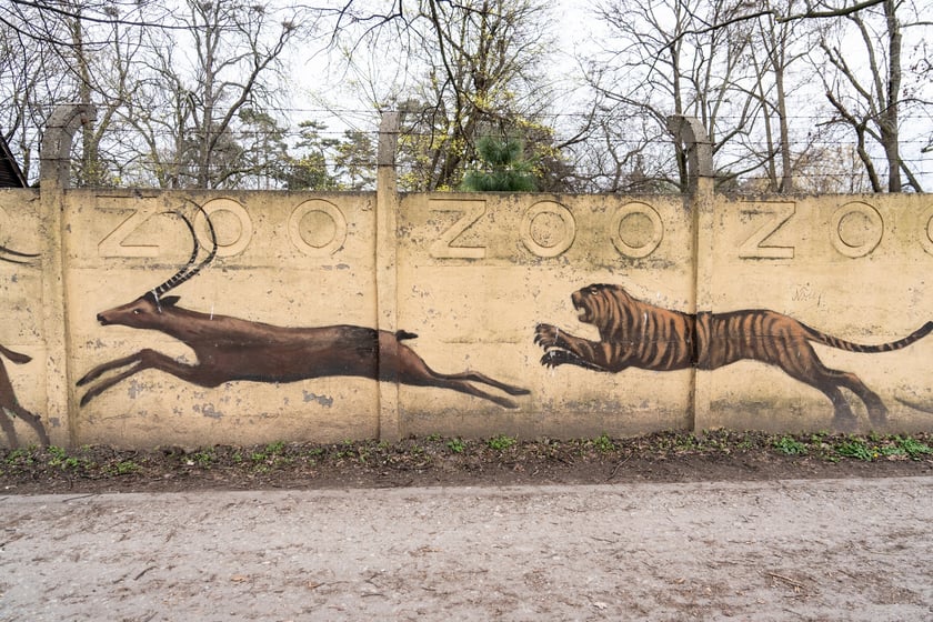 Mural autorstwa Jerzego Wołoszynowicza na ogrodzeniu zoo we Wrocławiu