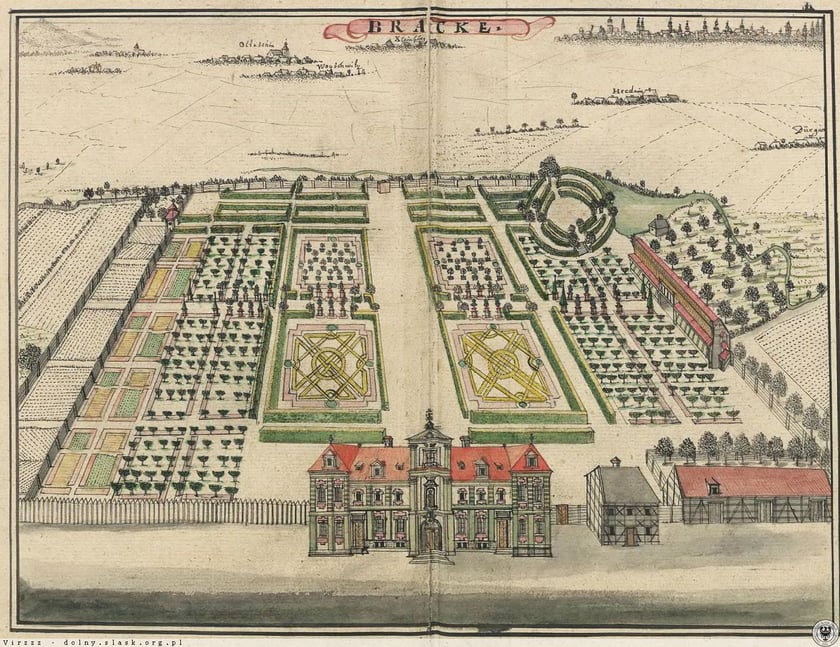 Powiększ obraz: <p>Majątek Brochów. Pałac i ogród kanoników regularnych na Piasku. Widok na zachód, rok 1755</p>