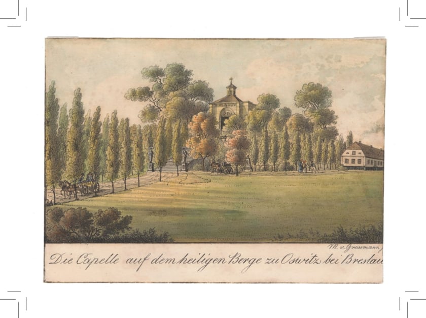 Kaplica Korn&oacute;w na Osobowicach. Poczt&oacute;wka z grafiką Maximiliana von Grossmanna, ok. 1825 r.