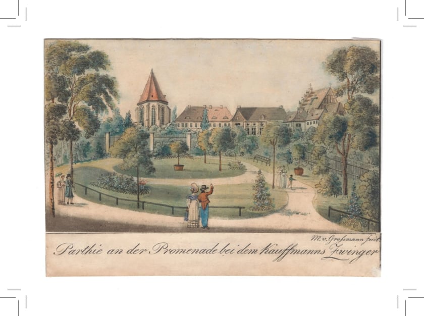 Promenada. Poczt&oacute;wka z grafiką Maximiliana von Grossmanna, ok. 1825 r.