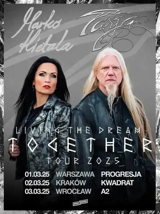 LIVING THE DREAM TOGETHER TOUR 2025: TARJA TURUNEN &amp; MARKO HIETALA
Gwiazda symfonicznego rocka, Tarja Turunen, jest najbardziej znanym głosem w świecie muzyki rodem z Finlandii. Wsp&oacute;łzałożycielka formacji Nightwish, w kt&oacute;rej grał r&oacute;wnież Marko.
poniedziałek, 03.03.2025, godz. 19.00
Wrocław, Centrum Koncertowe A2
Bilety od 184 zł