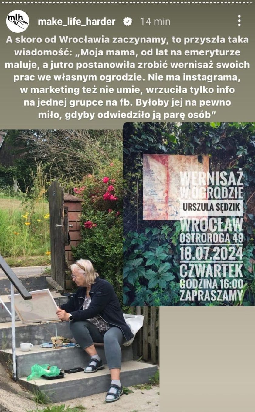 Wiadomość o wernisażu Urszuli Sędzik udostępniona na Facebooku przez Make Life Harder