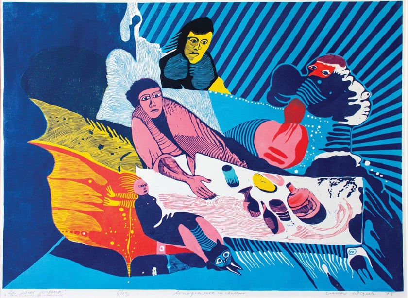 Czesław Wiącek, Dzień zaczyna się radośnie, grafika, 75 x 50 cm, 1975