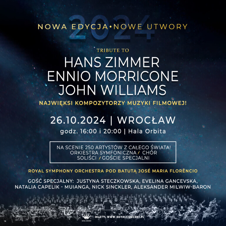 Kolejny wiecz&oacute;r będzie poświęcony kompozytorom muzyki filmowej: Hansowi Zimmerowi, Ennio Morricone i Johnowi Williamsowi. Usłyszymy zatem piosenki z film&oacute;w takich jak &bdquo;Kr&oacute;l lew&rdquo;, &bdquo;Gladiator&rdquo;, &bdquo;Gwiezdne wojny&rdquo; i &bdquo;Nienawistna &oacute;semka&rdquo;.
Na scenie zobaczymy orkiestrę symfoniczną, ch&oacute;r, solist&oacute;w i gości na czele z Justyną Steczkowską.
Termin: 16 października o godzinie 16:00 i 20:00Bilety: od 158 złotych &ndash; do kupienia tutaj.