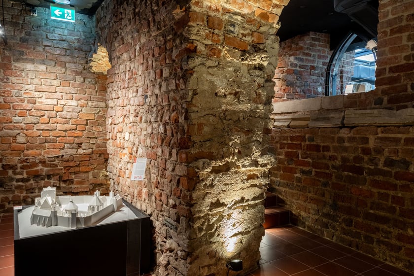 Zamek Henryka IV Probusa, a w tle pr&oacute;g wejściowy do pomieszczeń parteru pałacu