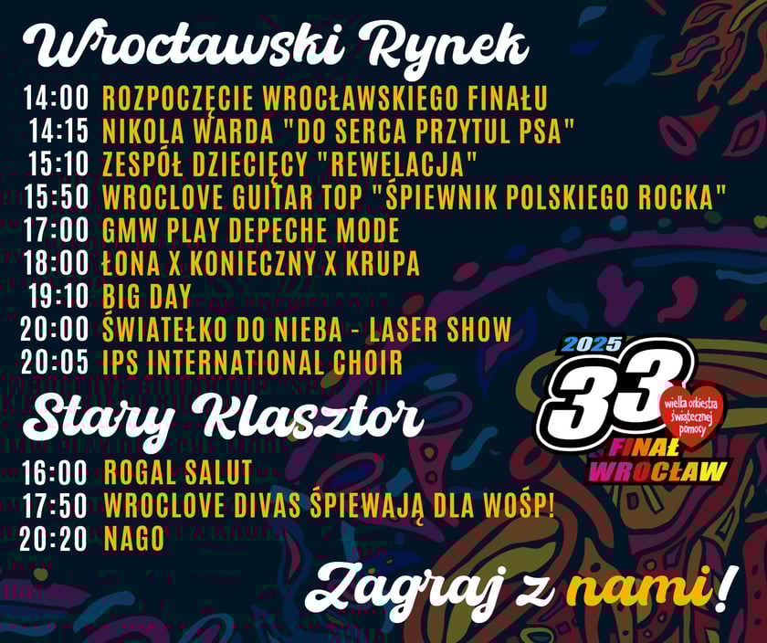 Rozpiska koncertowa Finału WOŚP w Rynku i Starym Klasztorze