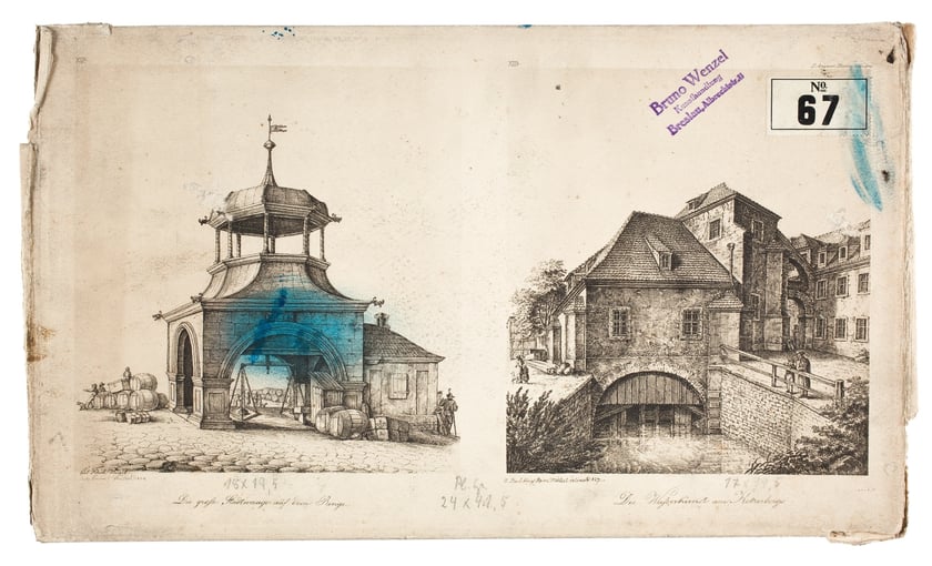 Od lewej Wielka Waga Miejska w Rynku (stała się w zachodniej części placu, zburzona w 1846 roku), obok: wodociągi przy Kacerskiej G&oacute;rce, dzisiaj południowo-wschodnia część placu Dominikańskiego, budowlę rozebrano w drugiej poł. XIX wieku.
&nbsp;
&nbsp;
