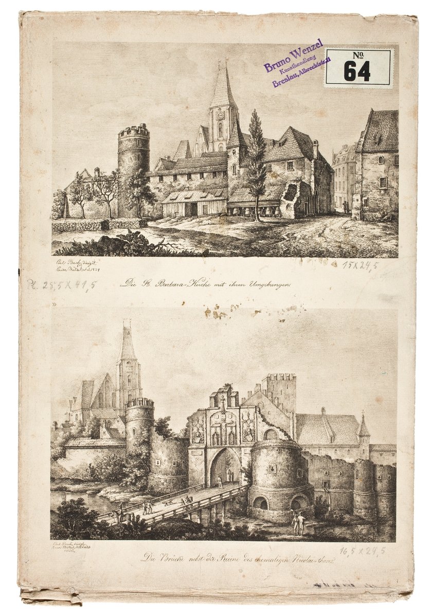 U g&oacute;ry: kości&oacute;ł św. Barbary przy ulicy św. Mikołaja i jego najbliższe otoczenie,
na dole:&nbsp;most przy Bramie Mikołajskiej (brama w fortyfikacjach miejskich Wrocławia, w miejscu, gdzie dziś znajduje się plac Jana Pawła II) od zachodu z kościołem św. Barbary w tle.