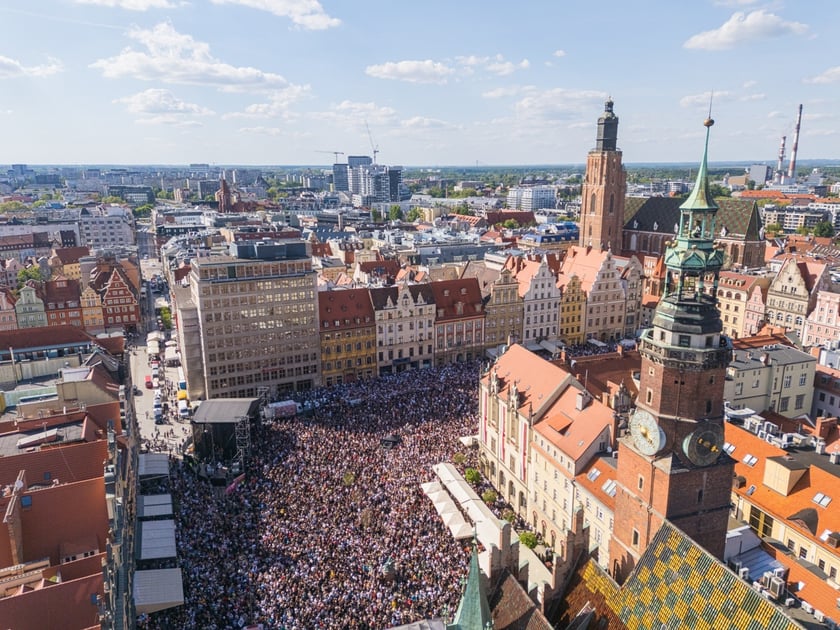 Gitarowy Rekord Świata 2025 na wrocławskim rynku na zdjęciach z drona