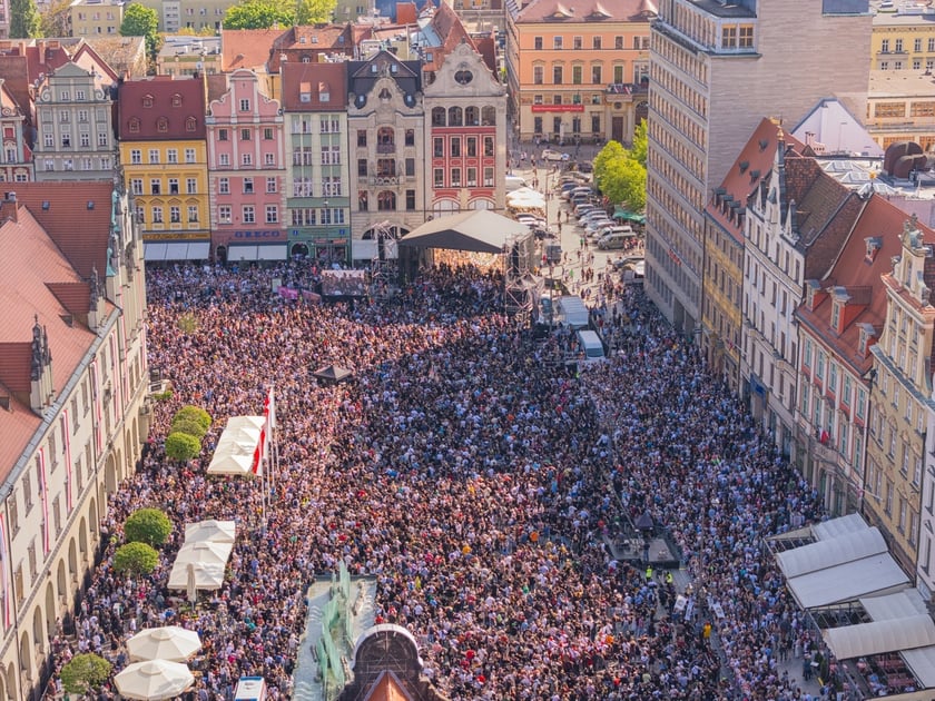 Gitarowy Rekord Świata 2025 na wrocławskim rynku na zdjęciach z drona