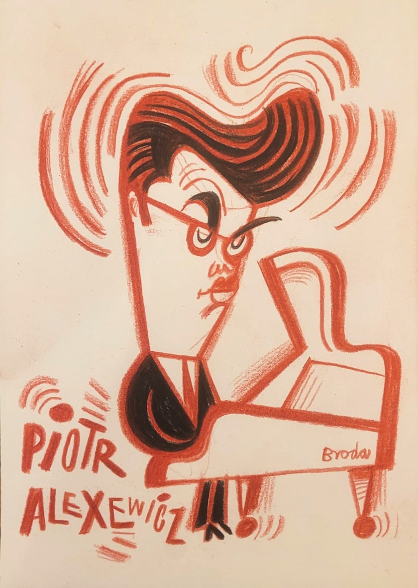 Karykatura Piotra Alexewicza autorstwa wrocławskiego rysownika, wykładowcy ASP Tomasza Brody