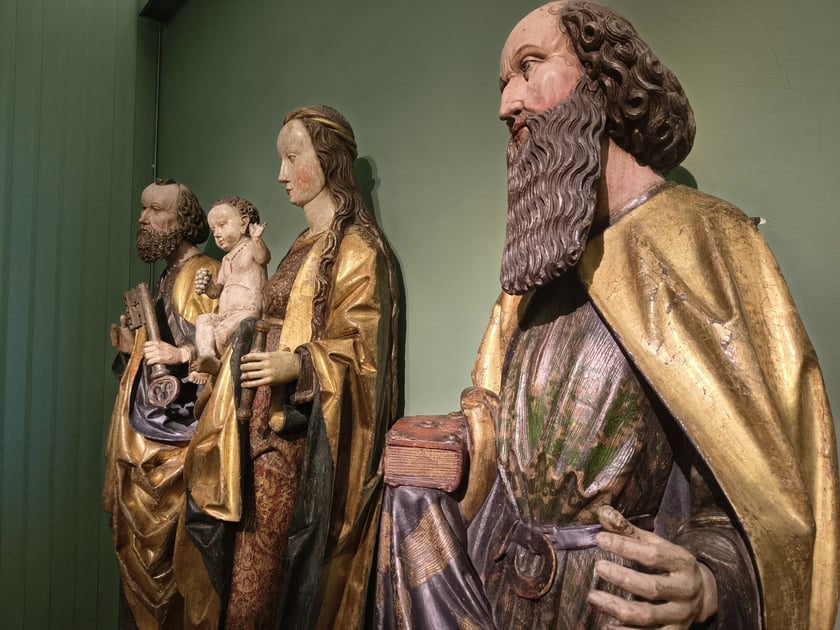 św. Piotr, Maria z Dzieciątkiem, św. Paweł | rzeźby z szafy poliptyku z kościoła NPM w Lubinie | pracownia mistrza lubińskich figur | 1492-1493