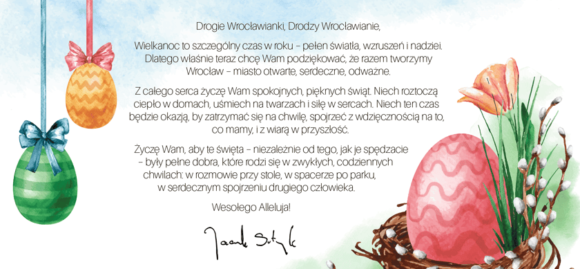 Życzenia Wielkanocne prezydenta Wrocławia Jacka Sutryka