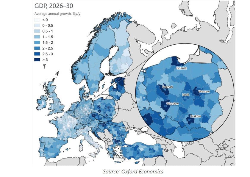 Mapa Europy ze zbliżeniem na Polskę pokazująca spodziewany średni roczny wzrost PKB dla poszczególnych miast i regionów w latach 2026-2030.