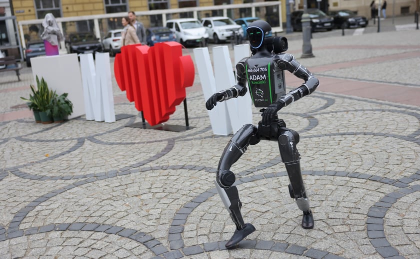 Robot Adam Kowalski na konferencji prasowej zapowiadającej Made in Wroclaw.