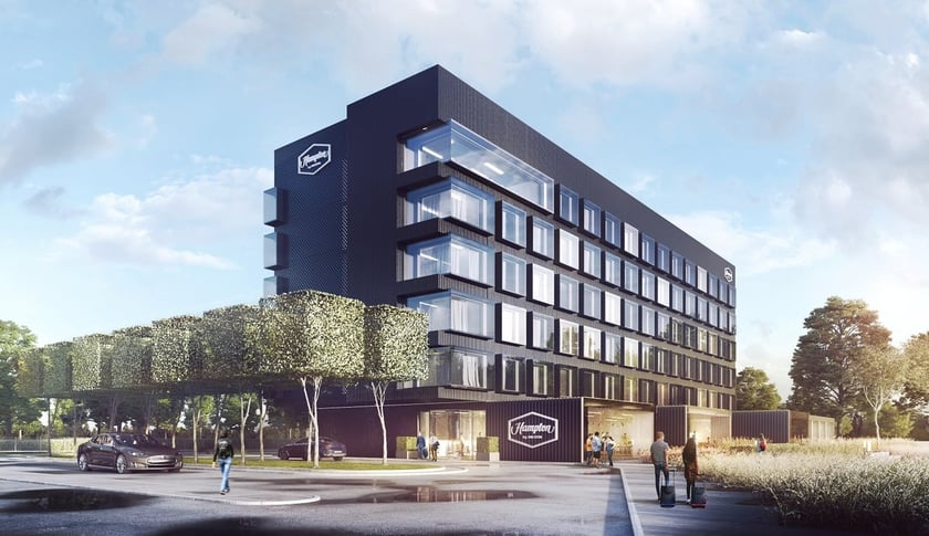 Wizualizacja pięciopiętrowego hotelu Hampton by Hilton na wrocławskim lotnisku