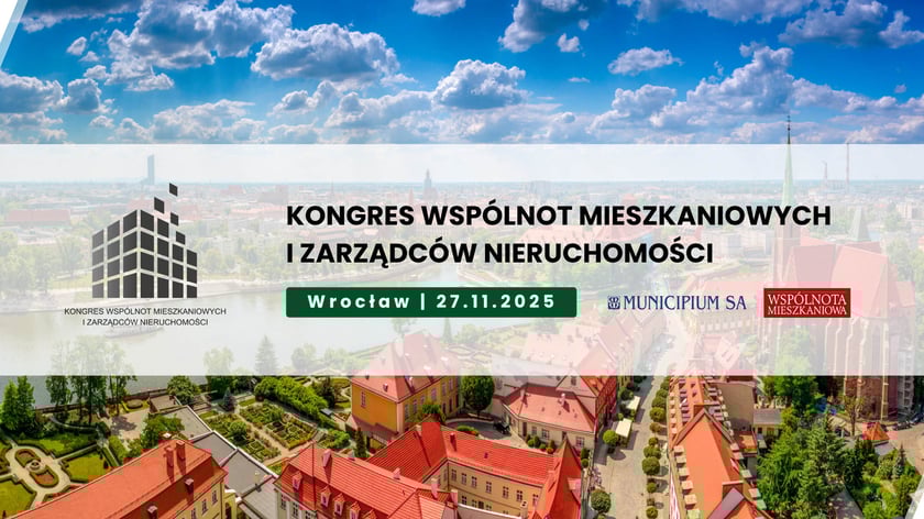Infografika - na tle zdjęcia miasta informacje o wydarzeniu. Kongres Wspólnot Mieszkaniowych i Zarządców Nieruchomości