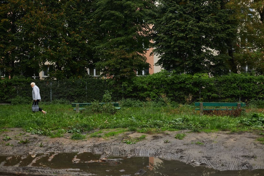 Błotnisty skwer i trawnik. Kałuże wody. W tle chodnik i przechodząca kobieta. Zaniedbane ławki, linia drzew. W tle zabudowania mieszkalne.