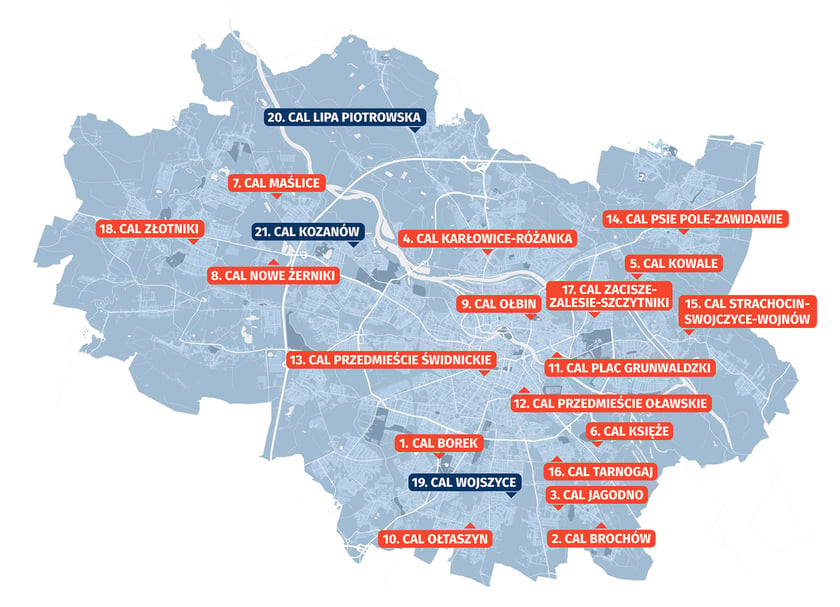 Powiększ obraz: Mapa Wrocławia z zaznaczonymi Centrami Aktywności Lokalnej (CAL). Granatowymi pinezkami zaznaczono CAL-e otwarte w 2024 roku.