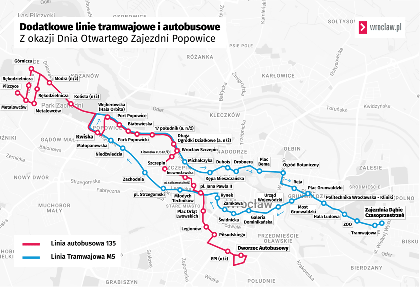 Powiększ obraz: Mapa tras linii M5 i 135, które będą kursować 19 października 2024