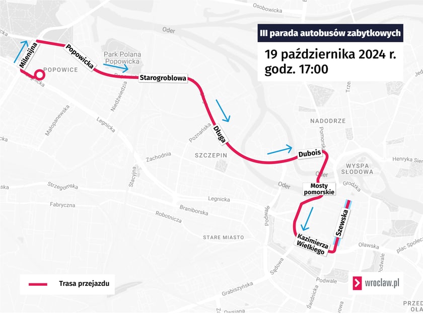 Powiększ obraz: planowana trasa parady zabytkowych autobusów 19.10.2024, mapa