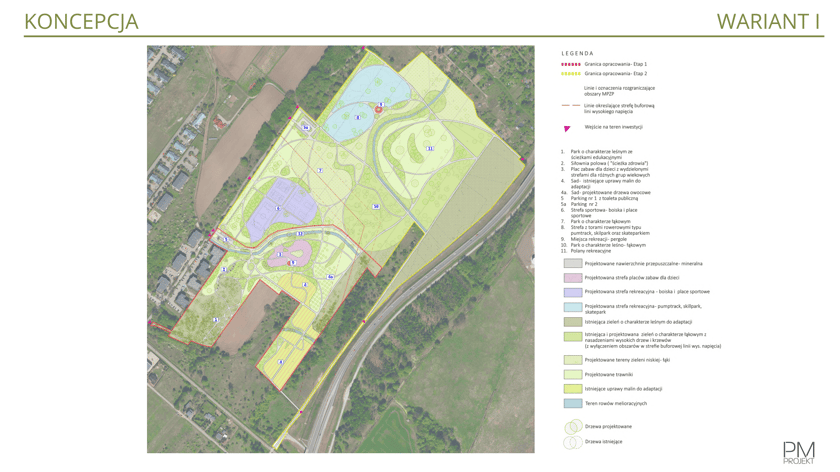 Powiększ obraz: Rysunek przedstawiający wariant 1 - plan zagospodarowania terenu. Szczegółowy opis znajduje się w artykule.