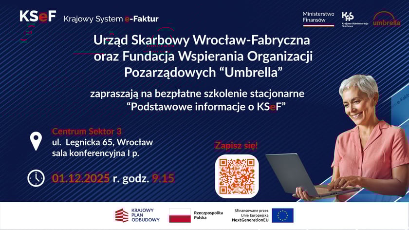 Powiększ obraz: <p>Zaproszenie na szkolenie "Podstawowe informacje o KSeF" - infografika z kodem QR do zapis&oacute;w.</p>