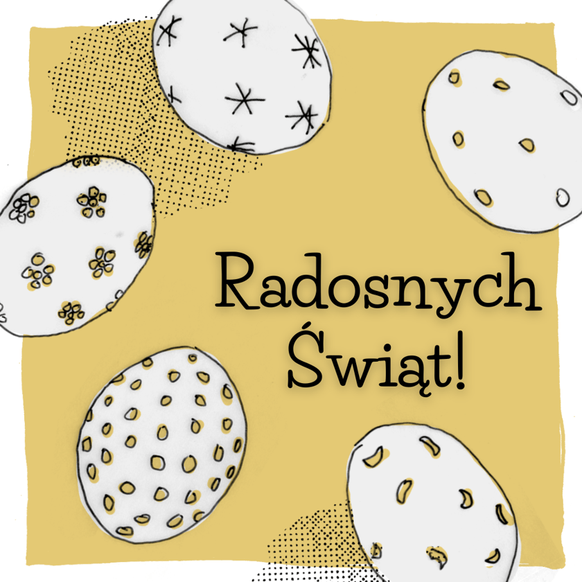 Powiększ obraz: Pisanki wielkanocne na żółtym tle. Napis "Radosnych Świąt". Grafika ilustracyjna