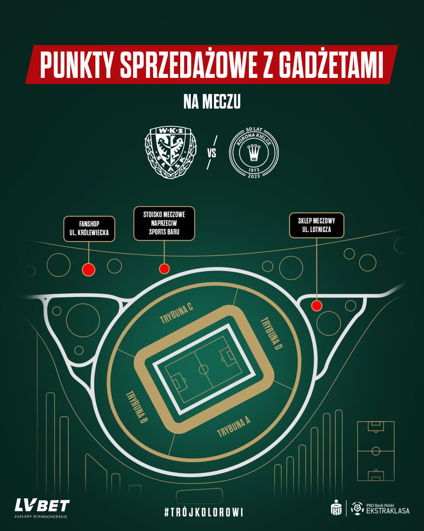 Powiększ obraz: Punkty sprzedaży gadżetów podczas meczu Śląska z Koroną na mapce Tarczyński Areny Wrocław