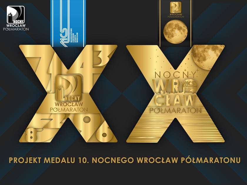 Powiększ obraz: Projekt medalu 10. Nocnego Wrocław Półmaratonu (przód i tył)