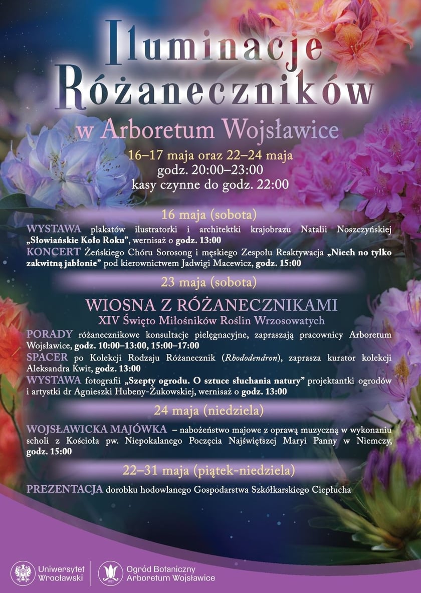 Iluminacje Różaneczników w Arboretum Wojsławice, plakat