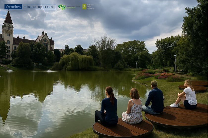Okrągłe podesty do siedzenia nad brzegiem stawu w Parku Tołpy - wizualizacja planowanych zmian.