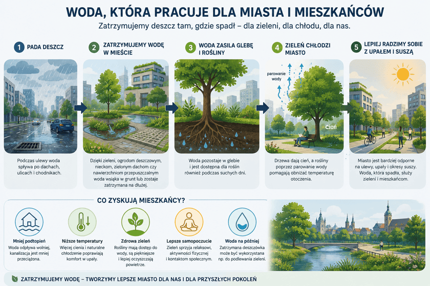 Infografika: Woda, która pracuje dla miasta i mieszkańców – pięć etapów obiegu zatrzymanej deszczówki w mieście oraz pięć korzyści dla mieszkańców.