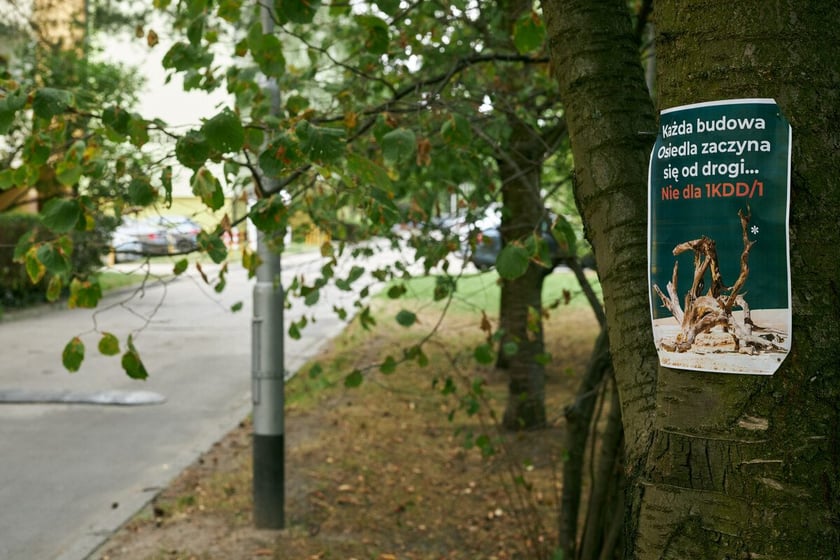 Plakat "każda budowa zaczyna się od drogi..." powieszony na drzewie