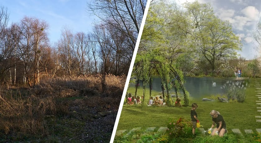 Na zdjęciu z lewej teren przy ul. Kunickiego na wrocławskim Muchoborze z grudnia 2022 r., po prawej wizualizacja, jak wkrótce może wyglądać nowa zielona przestrzeń rekreacyjna