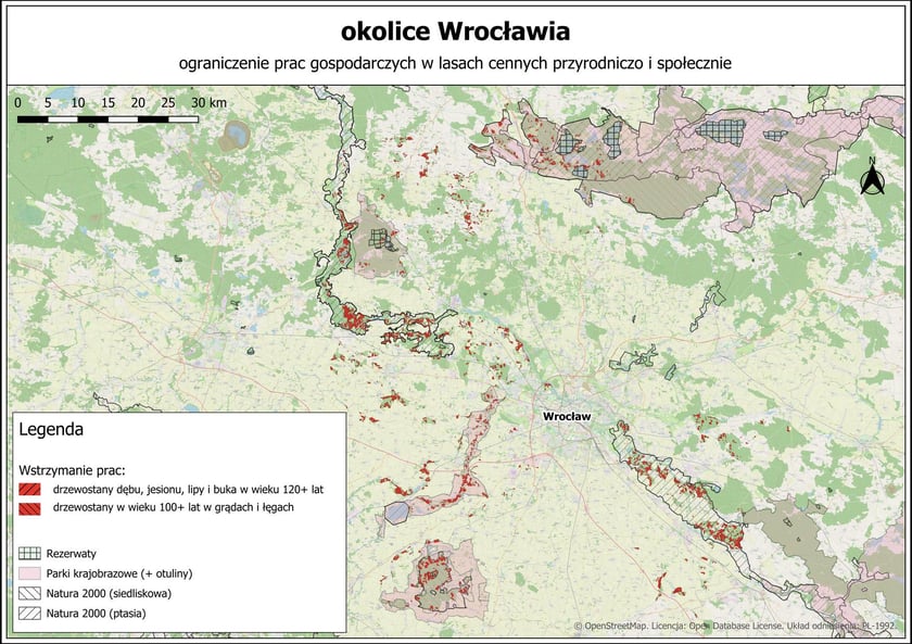 Mapa ograniczenia wycinek lasów wokół Wrocławia