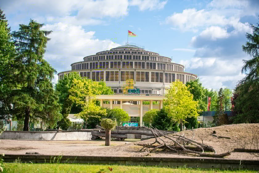 wejście gł&oacute;wne do ZOO Wrocław, w tle Hala Stulecia