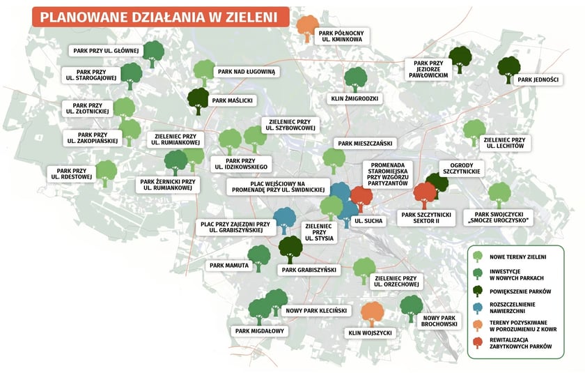 Powiększ obraz: Planowane działania w zieleni we Wrocławiu - mapka prezentuje kolejne zielone inwestycje w całym mieście