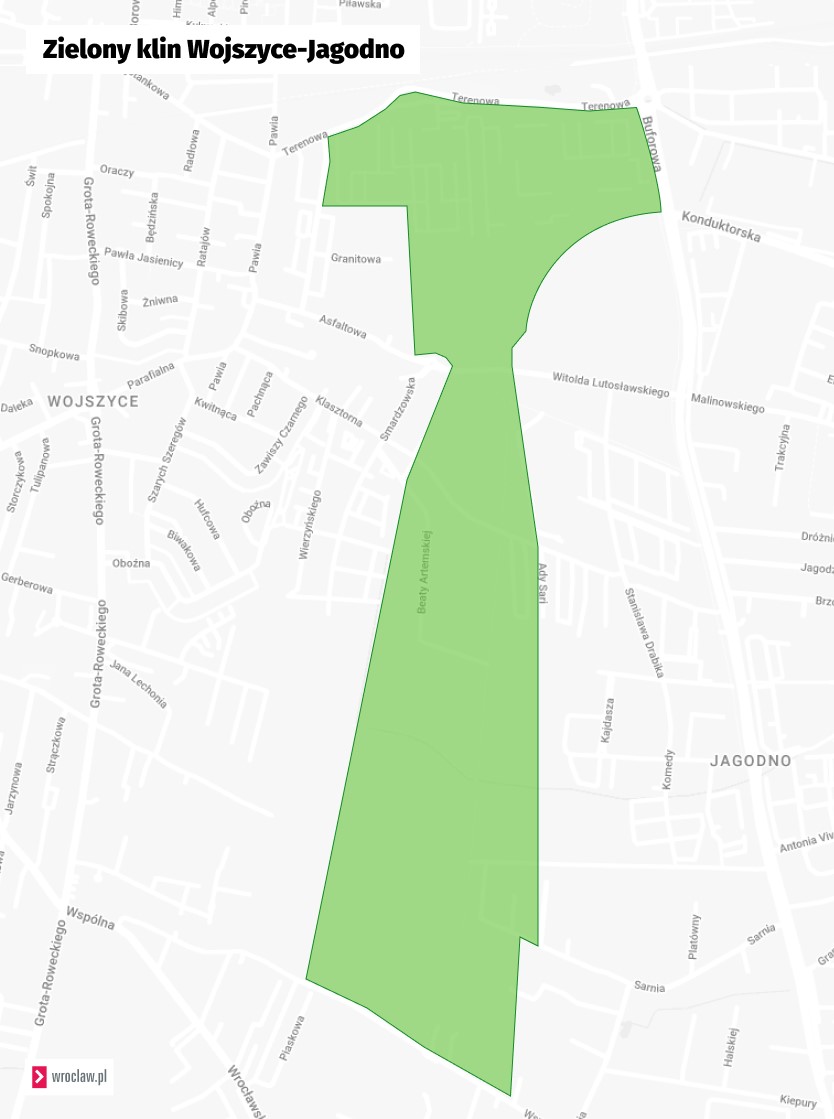 Powiększ obraz: Mapa z terenem planowane Zielonego Klina Południa Wrocławia